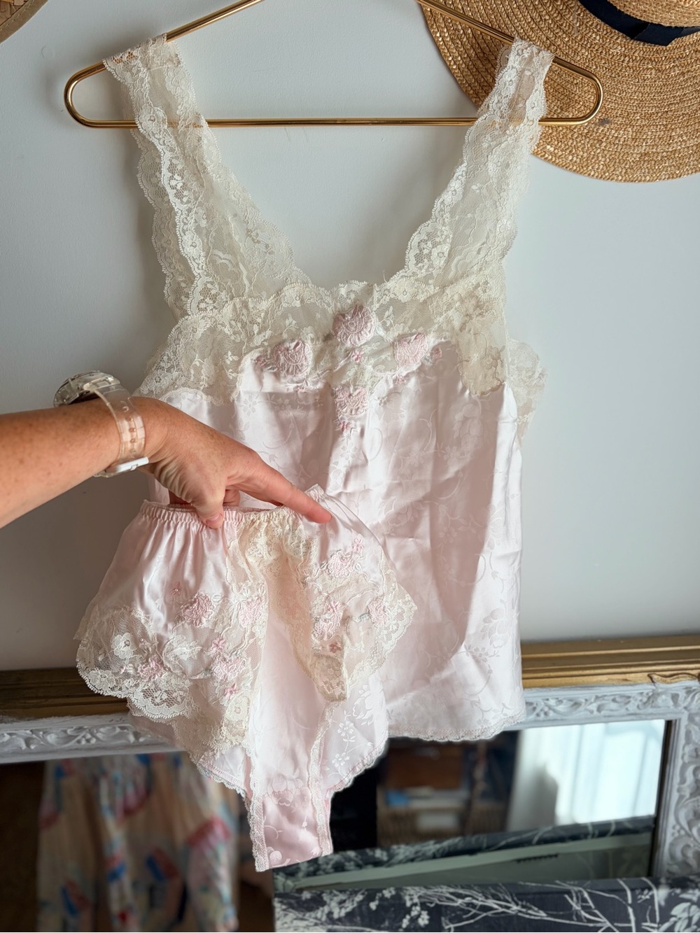 Vintage 90s Pink Satin Lace Cami + Tap Shorts Set Romantic Coquette